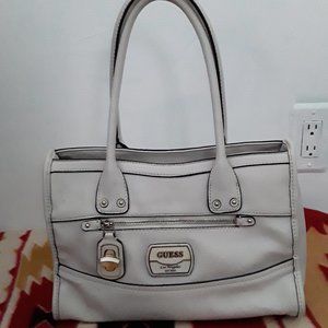 Guess Cream Leather Handbag Black Trim LA 1981 Zipper Front Lock Shoulder Bag